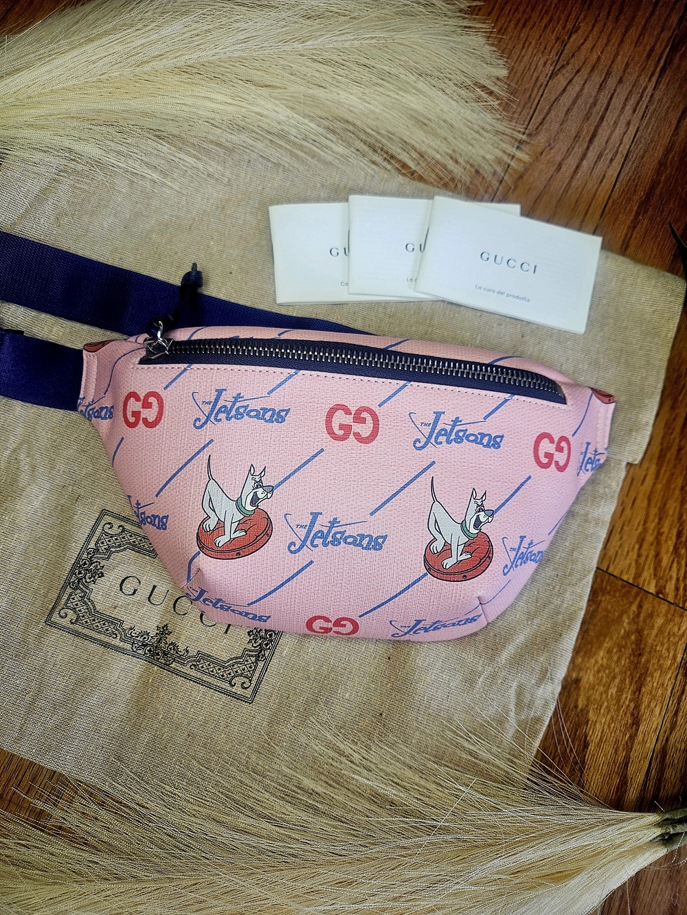 Gucci Pink Jetsons GG Canvas Waist Bag with Navy Strap - Children Bum Bag